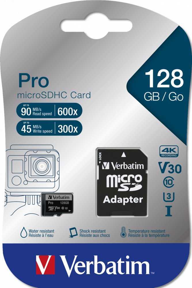 Verbatim Atminties kortelė Micro SD 128GB + adapter Pro U3 juodos spalvos 47044