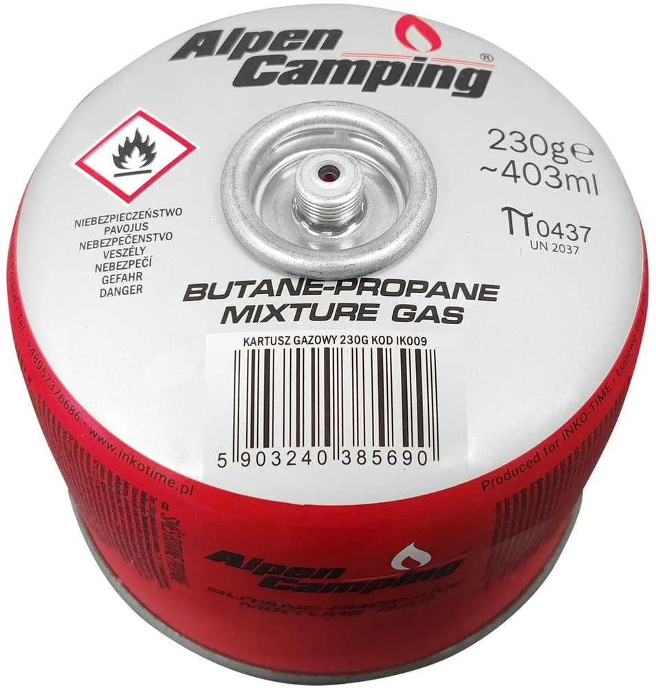 Inko Time Kartusz „Alpen Camping“ 230 g dujų balionėlis. Sertifikatas: Pi 0656, atitinka EN417 standartą, propanas-butanas, temperatūros diapazonas nuo -10 °C iki + 40 °C, srieginis vožtuvas 7/
