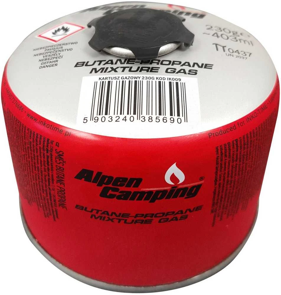 Inko Time Kartusz „Alpen Camping“ 230 g dujų balionėlis. Sertifikatas: Pi 0656, atitinka EN417 standartą, propanas-butanas, temperatūros diapazonas nuo -10 °C iki + 40 °C, srieginis vožtuvas 7/