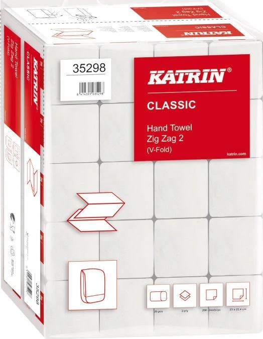 Lapelinis rankšluostinis popierius Katrin Classic Zig Zag M2, 2 sl., 200 lapelių, 23.4x23cm, 20 vnt.