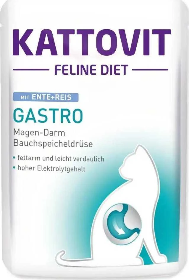 Drėgnas Kačių Maistas - Kattovit Feline Diet Gastro antiena Su Ryžiais 85g