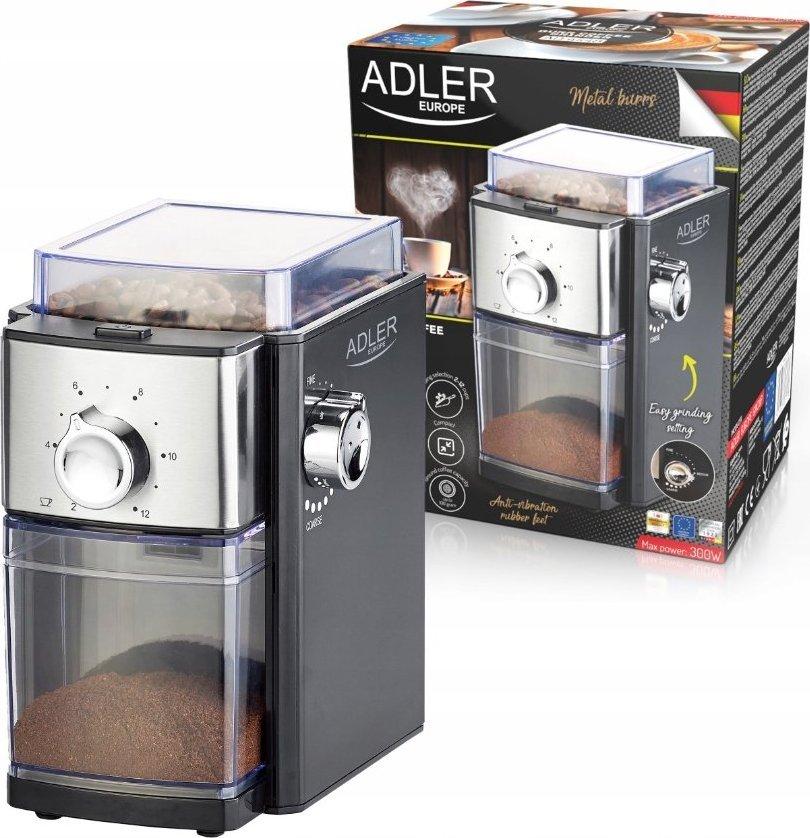 Kavamalė Adler | Kavos malūnėlis | AD 4448 | 300 W | Kavos pupelių talpa 250 g | Puodelių skaičius 12 talpykloje vnt(s) | Juodas