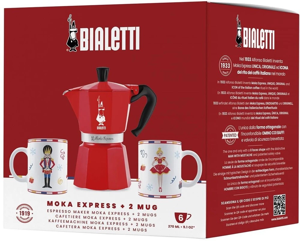 Bialetti - Spragtuko Moka Express 6tz + 2 puodelių rinkinys