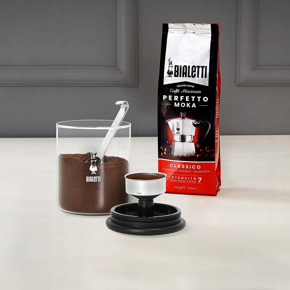 Stiklinis kavos indelis, padedantis išvengti atliekų susidarymo, „Bialetti“