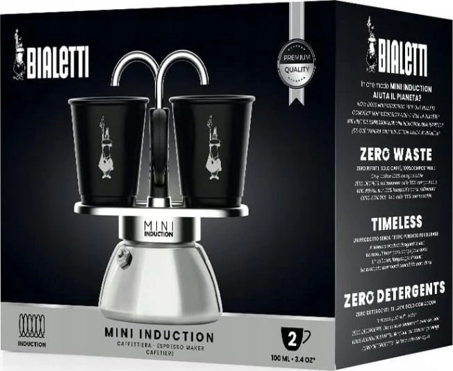 Bialetti Mini Express Induction 2TZ (100ml) + 2 Juoda puodeliai