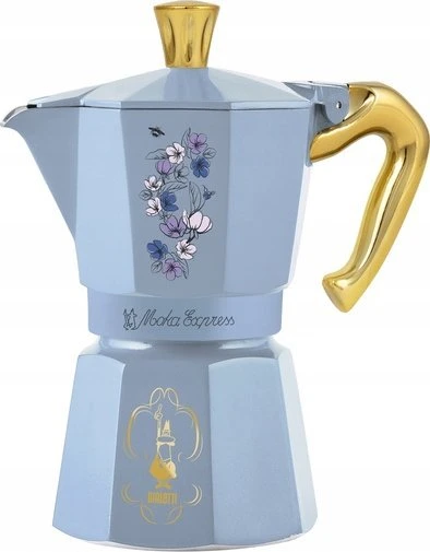Mėlyna Bialetti kavinukas su gėlių raštais