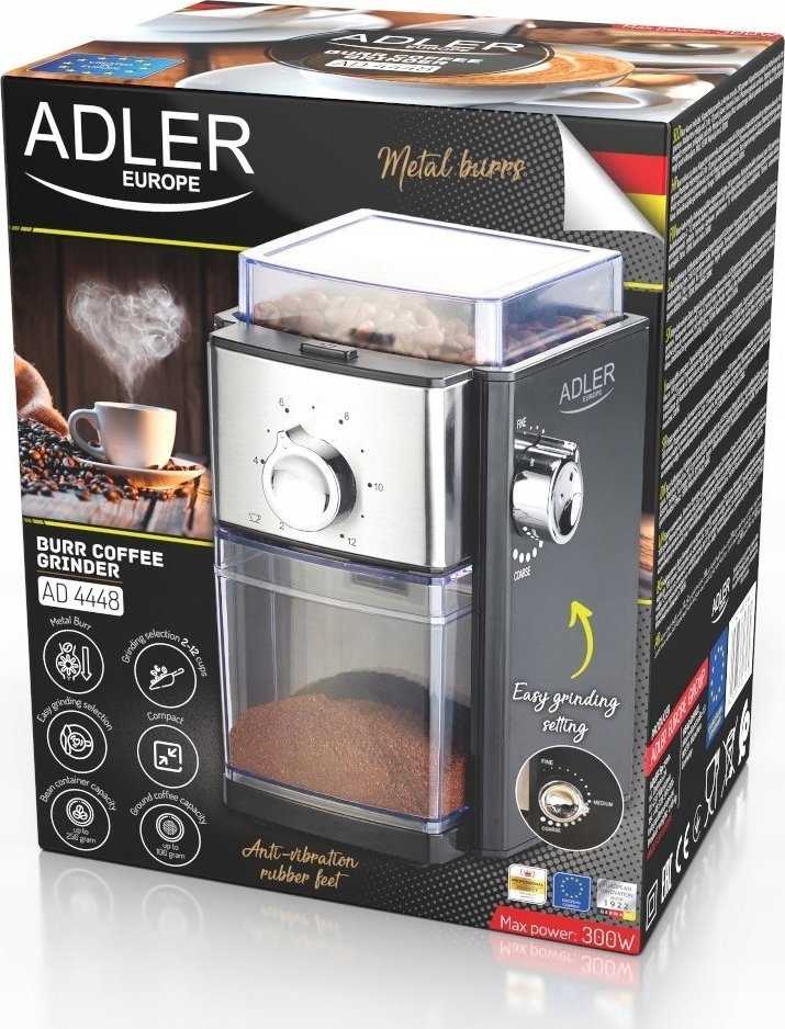Kavamalė Adler | Kavos malūnėlis | AD 4448 | 300 W | Kavos pupelių talpa 250 g | Puodelių skaičius 12 talpykloje vnt(s) | Juodas