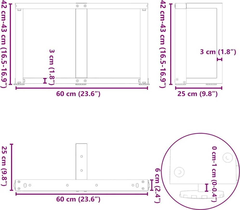 Kavos staliuko kojelės, T formos, 2 vnt., antracito spalvos, 60x25x(42-43) cm, plienas