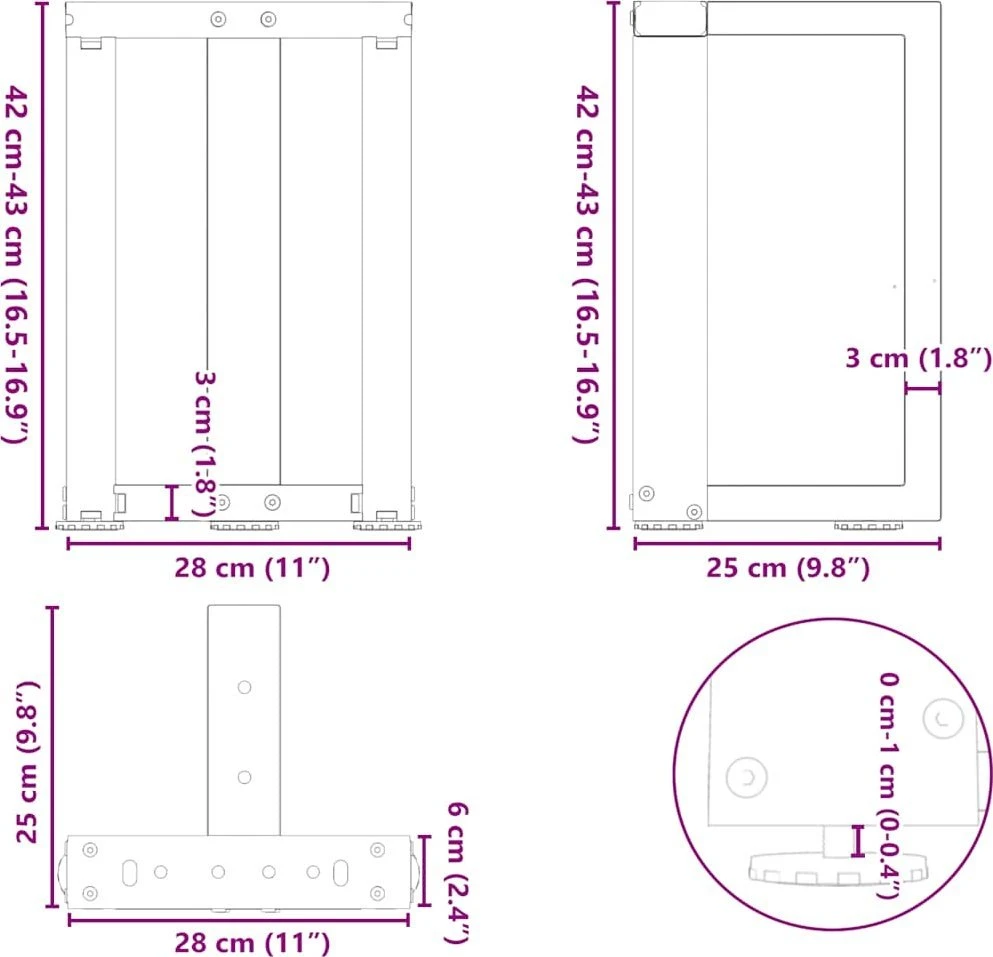 Kavos staliuko kojelės, 2 vnt., antracito spalvos, 28x25x(42-43) cm, plienas