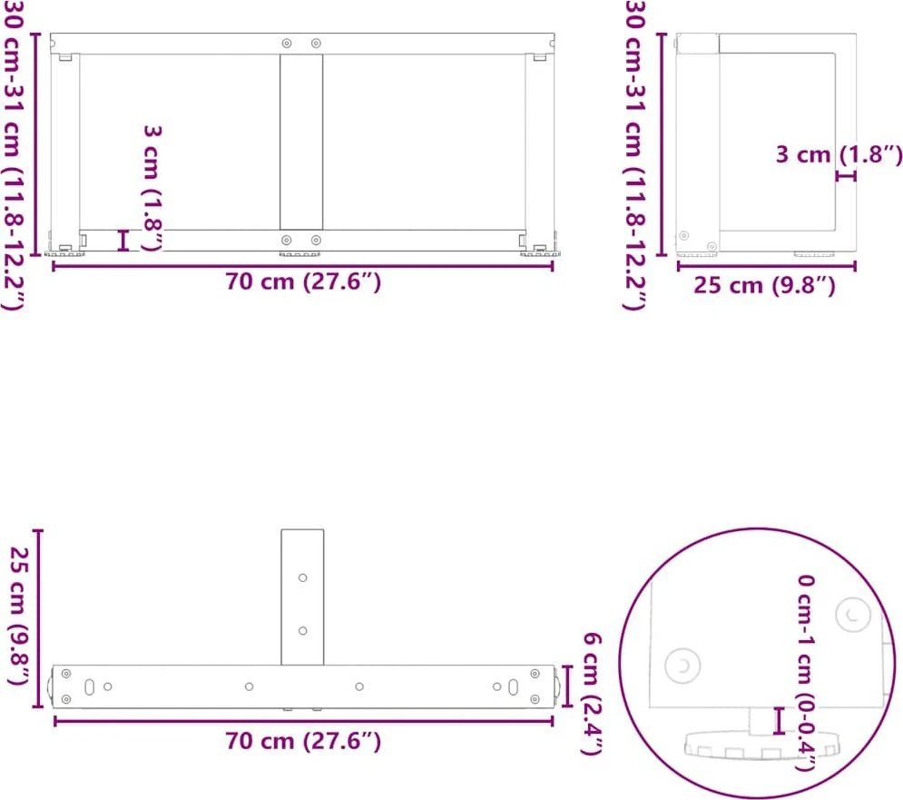 Kavos staliuko kojelės, T formos, 2 vnt., 70x25x(30-31)cm