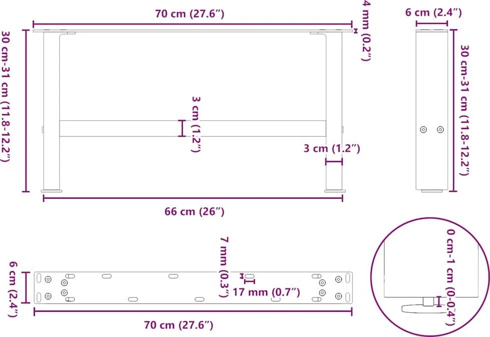 Kavos staliuko kojelės, juoda, 2 vnt., 70x(30-31)cm, plienas