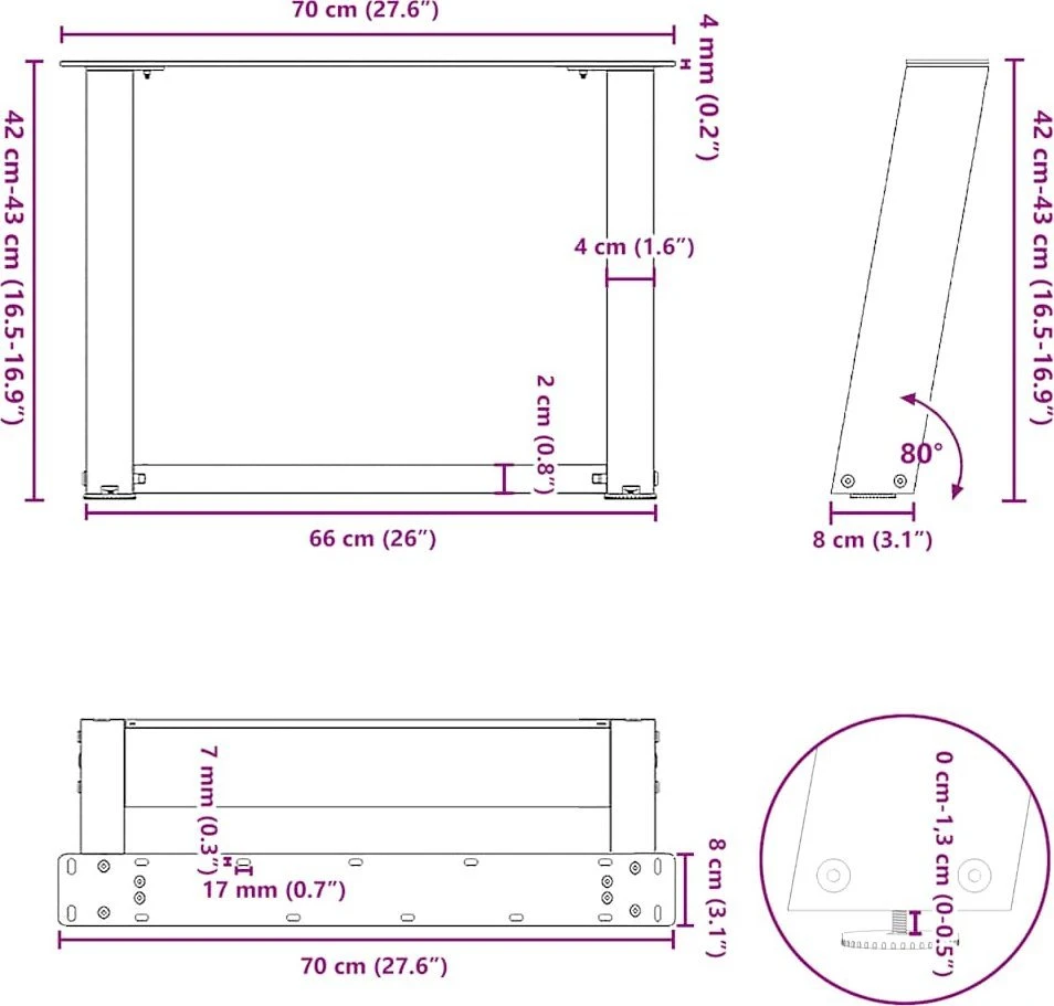 Kavos staliuko kojelės, U formos, 2 vnt., juoda, 70x(42-43) cm