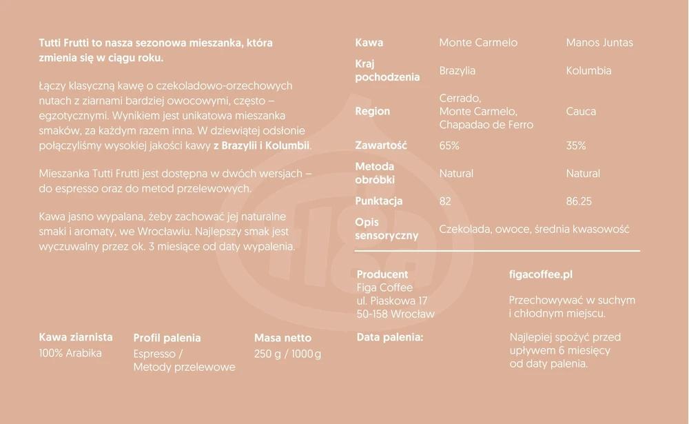 Figa Coffee Coffee Plant Kawa mielona kavos augalas Tutti Frutti 11 mišinio filtras 250 g