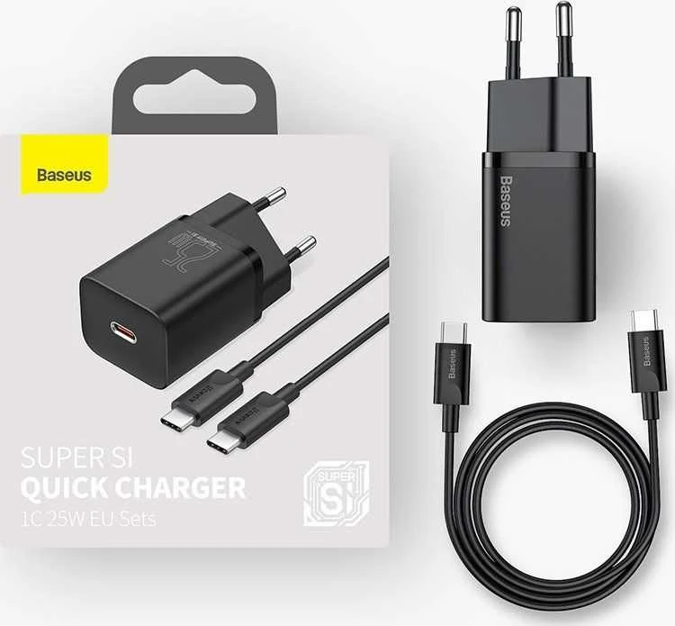 Baseus Super Si greitas įkroviklis 1C 25W su USB-C į USB-C kabeliu 1m - Baltas