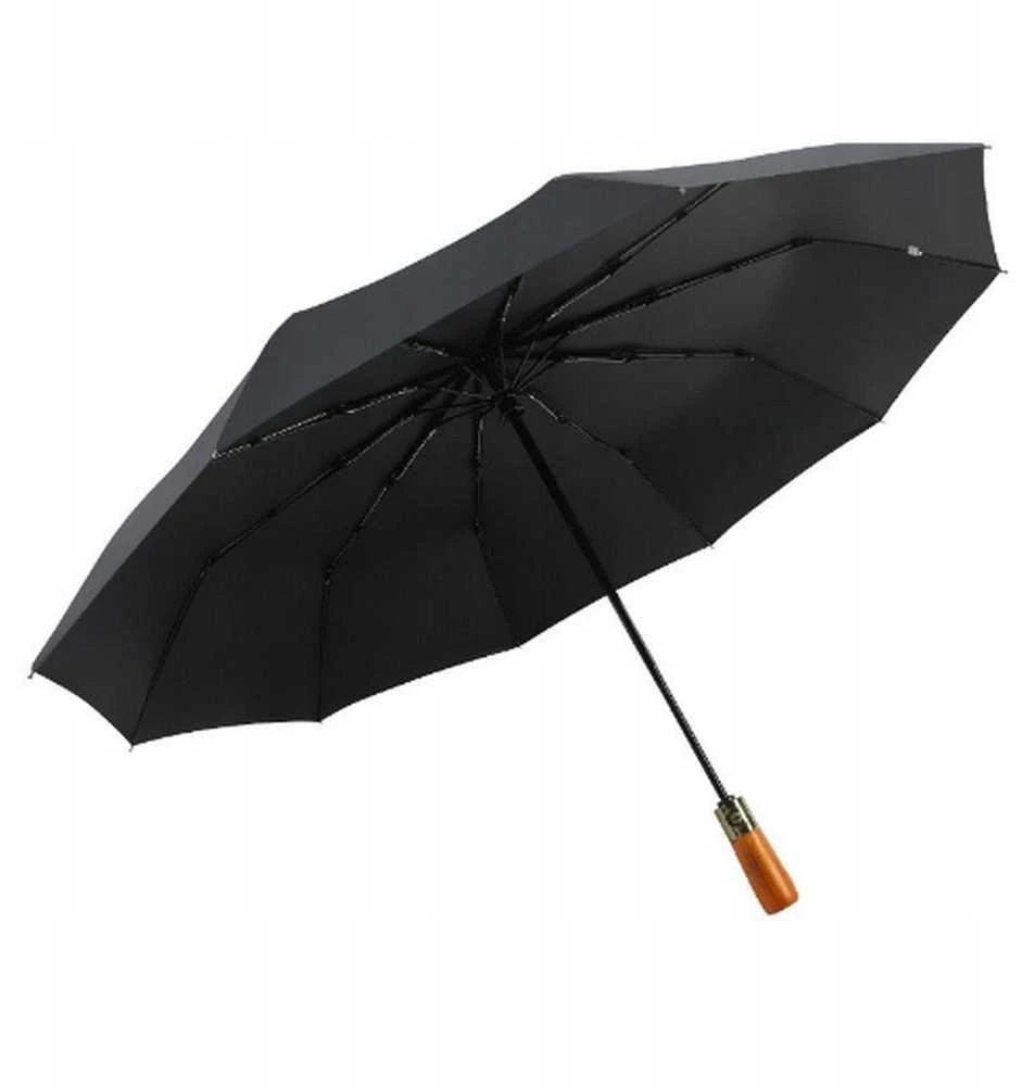 OEM automatinis sulankstomas skėtis su medine rankena, 10 briaunų, XXL, 115 cm, juodas