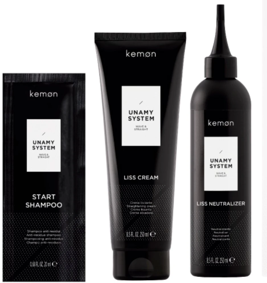 Unamy System Liss Set Kemon: Start Hair Šampūnas, 20 ml + Liss Kreminis Hair Treatment Kreminis Mask, 250 ml + Liss Neutralizer Hair Treatment Lotion Mask, 250 ml