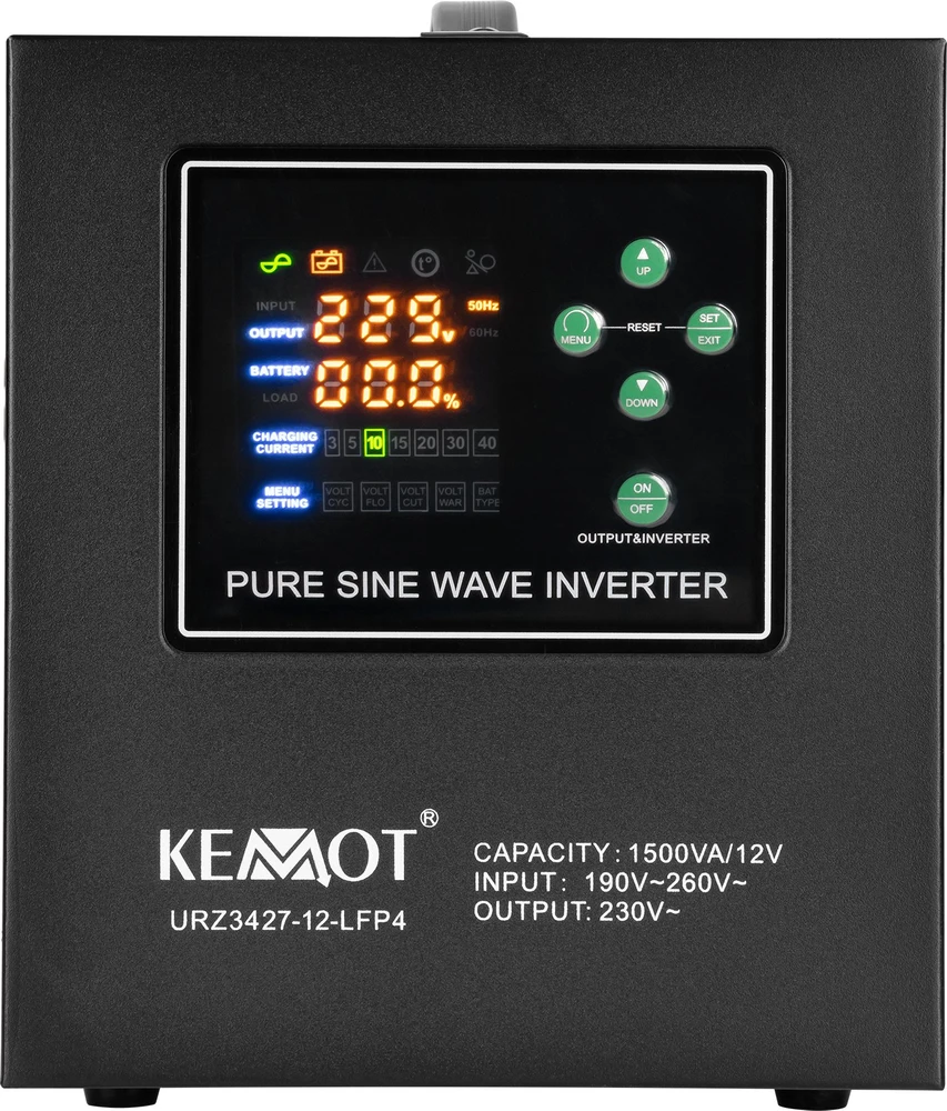 Maitinimo šaltinis KEMOT PROsinus-1500-LFP4 avarinis maitinimo šaltinis, grynos sinusinės bangos keitiklis su įkrovimo funkcija 12V 230V 1500VA/1050W