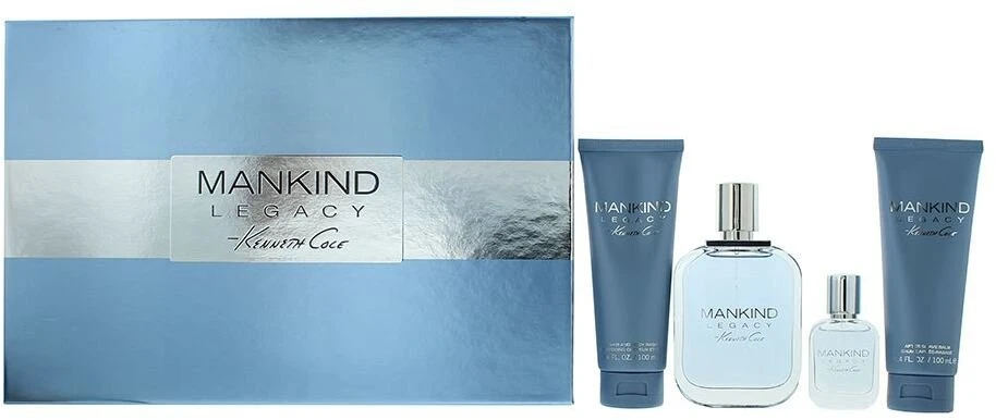 Rinkinys Kenneth Cole: „Mankind Legacy“ tualetinis vanduo vyrams, 100 ml + „Mankind Legacy“ balzamas po skutimosi, 100 ml + „Mankind Legacy“ dušo želė ir šampūnas 2 viename, 100 ml + „Mankind Legacy“ tualetinis vanduo vyrams, 15 ml