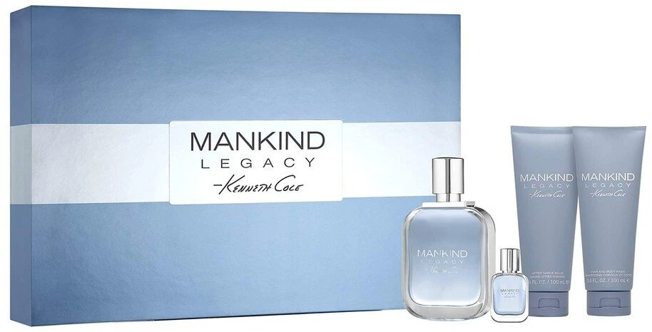Rinkinys Kenneth Cole: „Mankind Legacy“ tualetinis vanduo vyrams, 100 ml + „Mankind Legacy“ balzamas po skutimosi, 100 ml + „Mankind Legacy“ dušo želė ir šampūnas 2 viename, 100 ml + „Mankind Legacy“ tualetinis vanduo vyrams, 15 ml