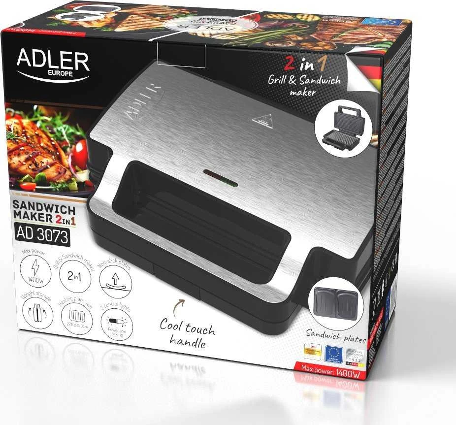 Sumuštinių keptuvas Adler sumuštinių keptuvė 2 viename | AD 3073 | 1000 W | Lentelių skaičius 2 | Nerūdijantis plienas/Juodas