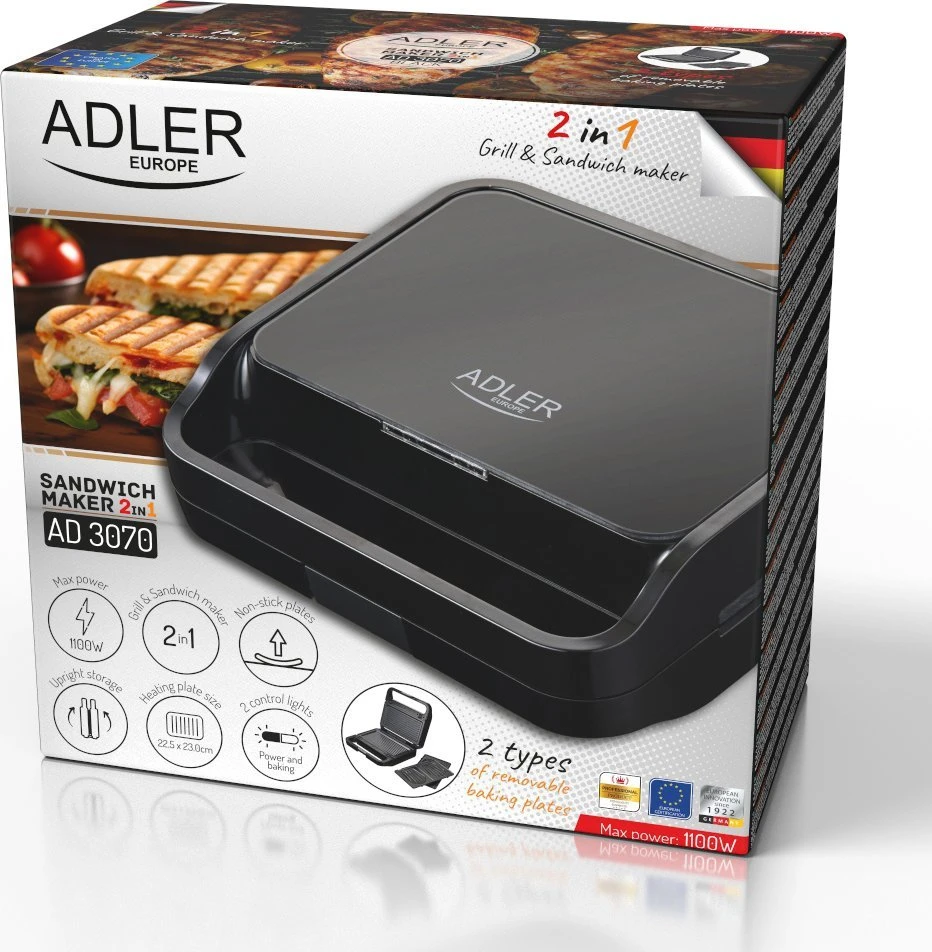 Sumuštinių keptuvas Adler sumuštinių keptuvė 2 viename | AD 3070b | 850 W | Lentelių skaičius 2 | Juodas