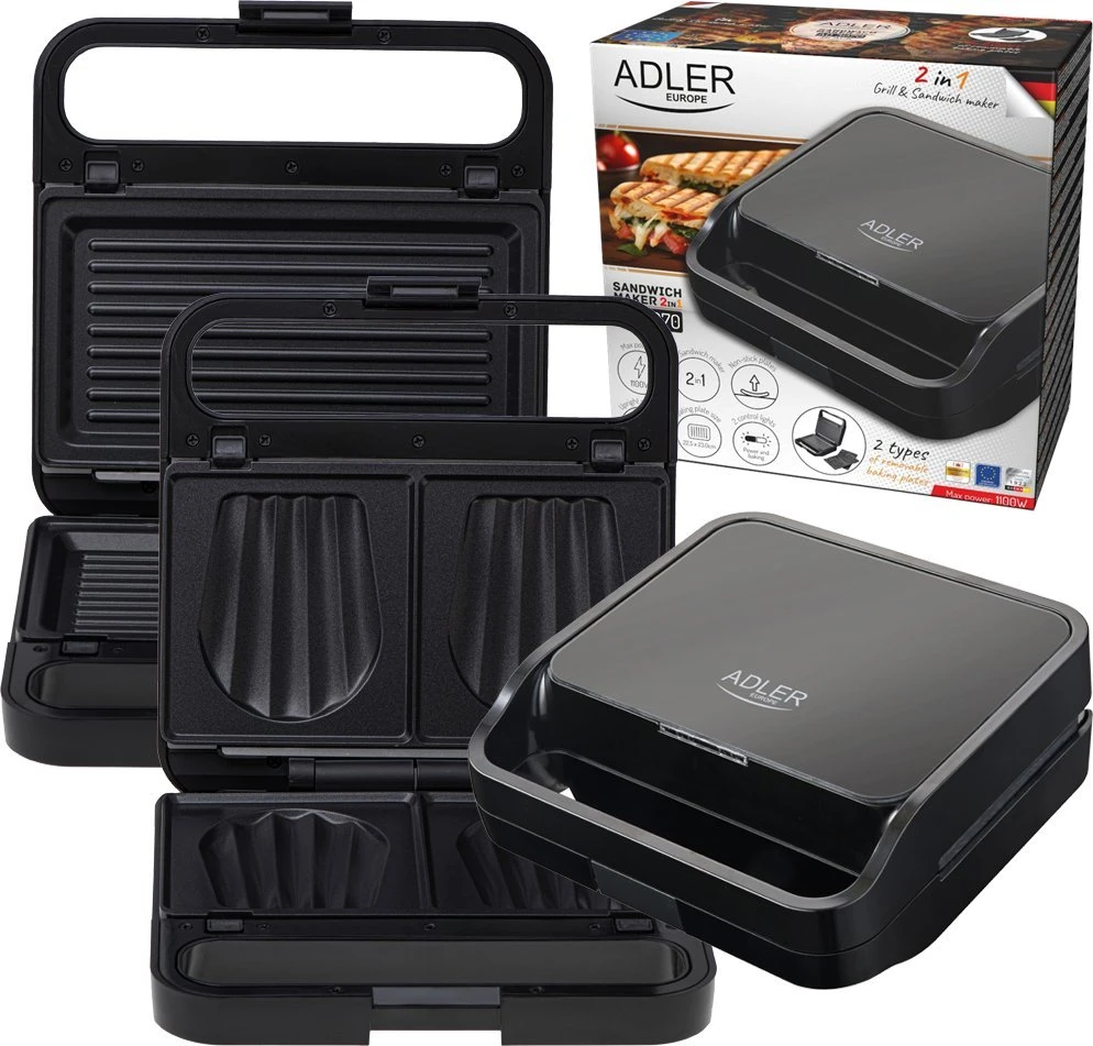 Sumuštinių keptuvas Adler sumuštinių keptuvė 2 viename | AD 3070b | 850 W | Lentelių skaičius 2 | Juodas