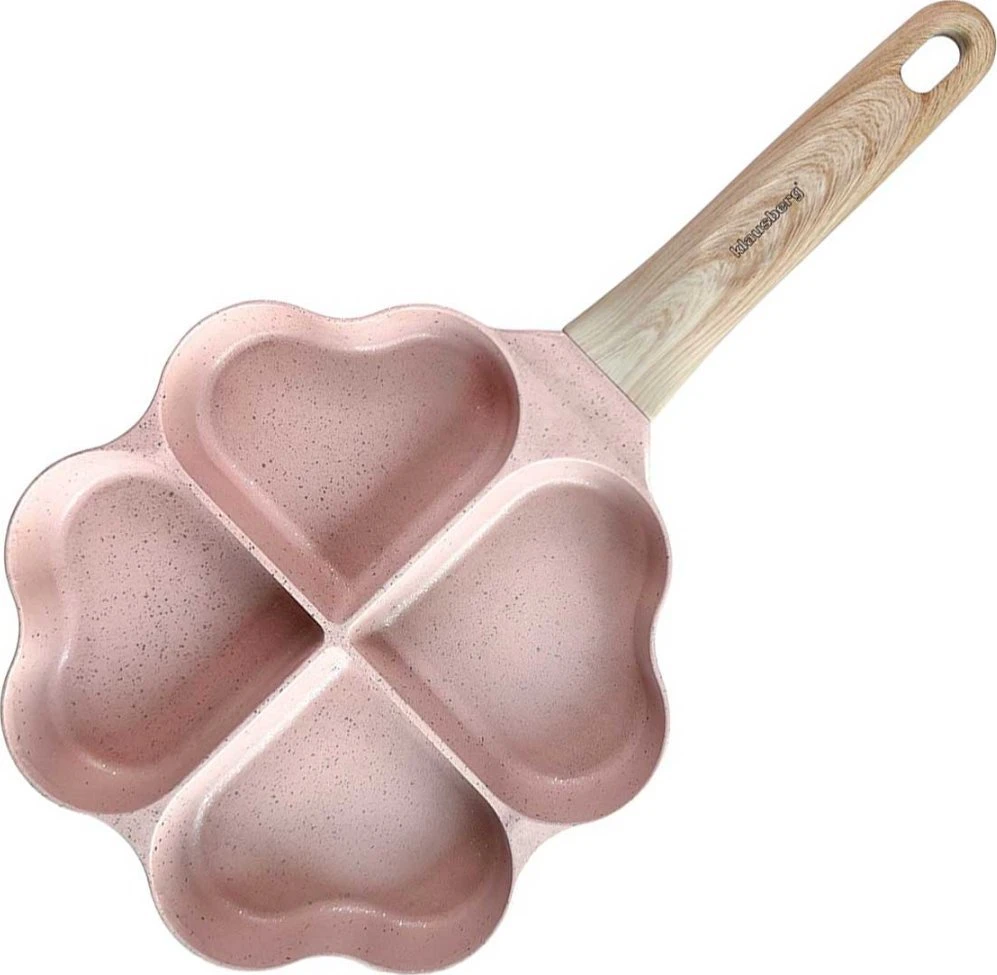 Keptuvė Keptuvė nepridegančia danga, 4 širdies formos sekcijos, rožinė su medine rankena, 35,5x19,2x2,8 cm, Klausberg, kb-7820