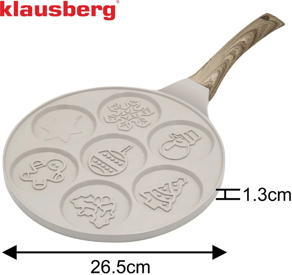 Keptuvė Blynų kepimo forma, kalėdinio rašto, aliuminio, nelimpanti danga, smėlio spalvos, 26,5 cm skersmens, Klausberg, kb-7970