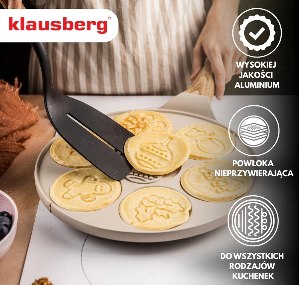 Keptuvė Blynų kepimo forma, kalėdinio rašto, aliuminio, nelimpanti danga, smėlio spalvos, 26,5 cm skersmens, Klausberg, kb-7970