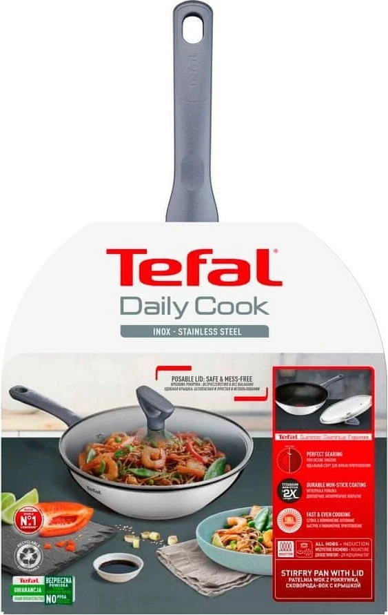 TEFAL Wok keptuvė | G7309955 Daily Cook | Wok | Skersmuo 28 cm | Tinka indukcinei kaitlentei | Dangtis pridedamas | Fiksuota rankena | Pilkas