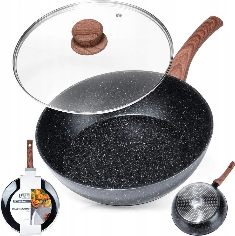 Aliumininė keptuvė su granitine danga ir stiklo dangčiu Vilde Juodas&amp;Wood 28 cm, 3,5 l
