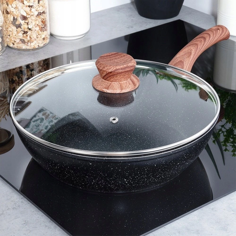 Aliumininė keptuvė su granitine danga ir stiklo dangčiu Vilde Juodas&amp;Wood 28 cm, 3,5 l