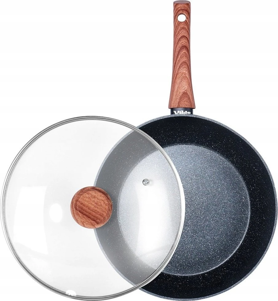 Aliumininė keptuvė su granitine danga ir stiklo dangčiu Vilde Juodas&amp;Wood 28 cm, 3,5 l
