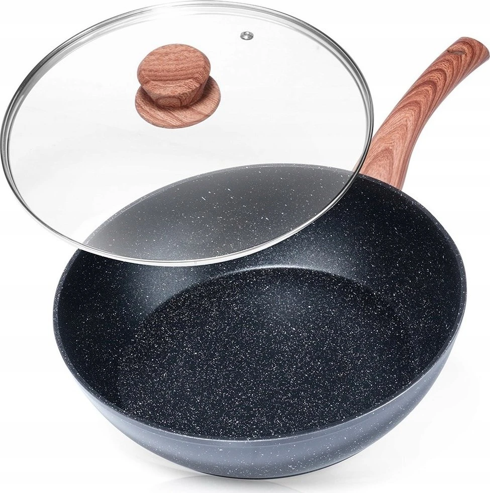 Aliumininė keptuvė su granitine danga ir stiklo dangčiu Vilde Juodas&amp;Wood 28 cm, 3,5 l