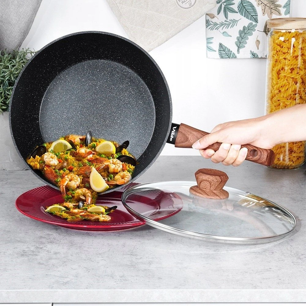 Aliumininė keptuvė su granitine danga ir stiklo dangčiu Vilde Juodas&amp;Wood 28 cm, 3,5 l