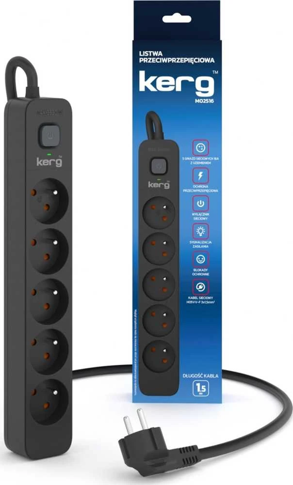 KERG ilgintuvas su automatiniu jungikliu – 5 lizdai, 16A, 1,5m