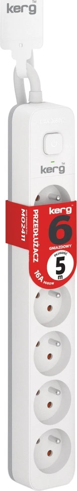 Kerg KERG ilgintuvas su jungikliu-6 lizdais-balta-pilka-5m-16A-H05VV-F-3x1,5mm2