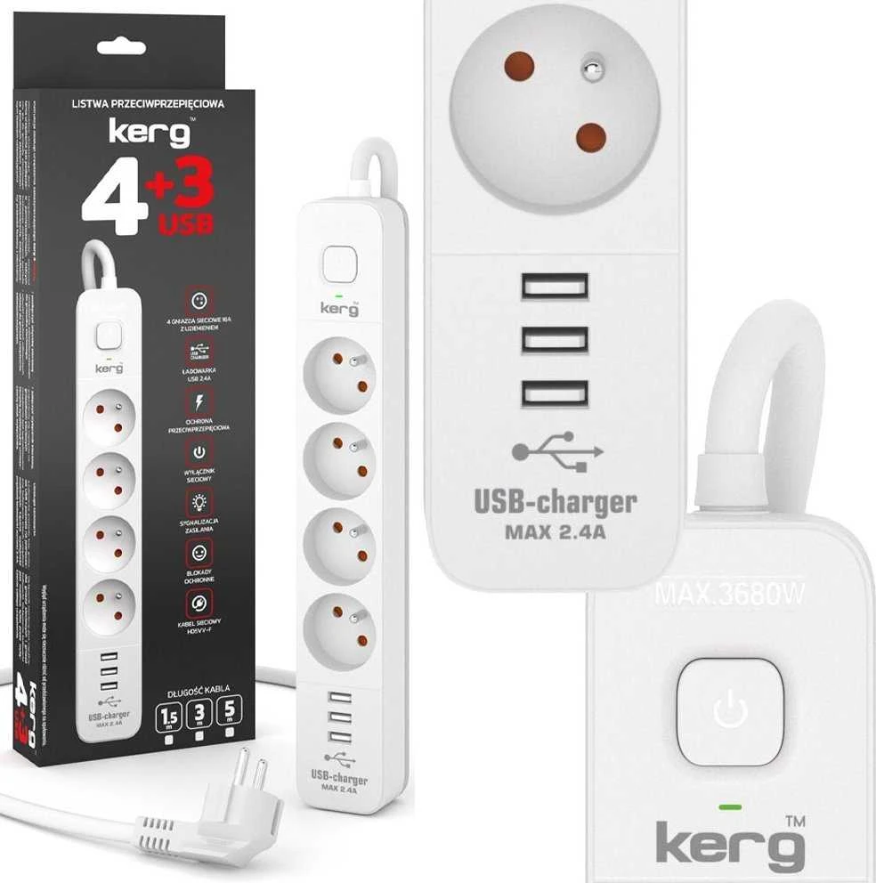OEM maitinimo lizdas 4 lizdai + 3 x USB A 3×1.5mm² H05VV-F 16A/250V~M02414 3 m baltas