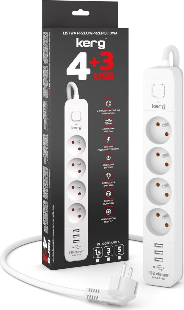 Kerg KERG su komutatoriumi -3USB-baltas-pilka-5m-16A-H05VV-F-3x1.5mm2