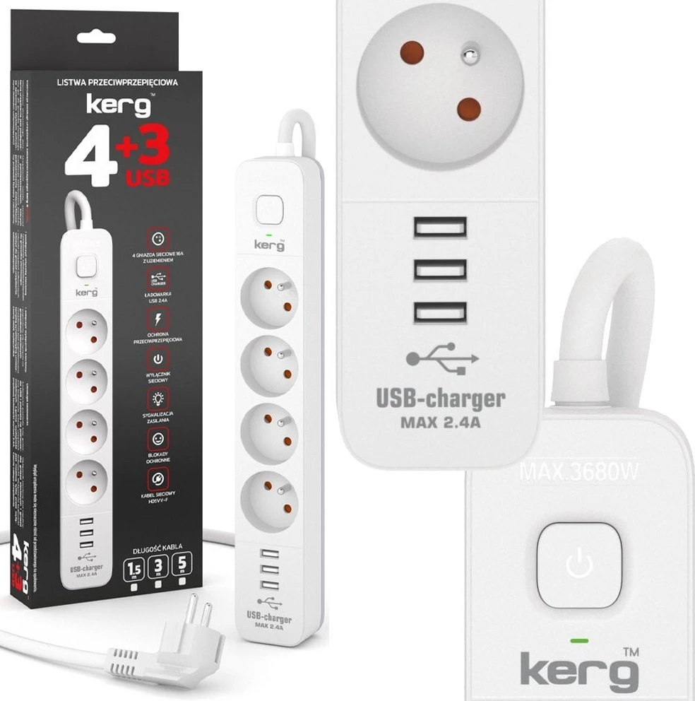 Kerg KERG su komutatoriumi -3USB-baltas-pilka-5m-16A-H05VV-F-3x1.5mm2