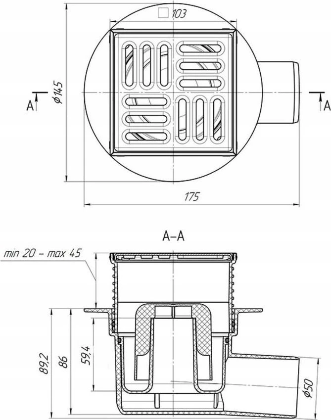 Kessel gaudyklė Reguliuojamas vonios nutekėjimas su išimtimi šonas 50 mm, grotelės 100x100 mm, grotelės ir nerūdijantis rėmas [1/5]