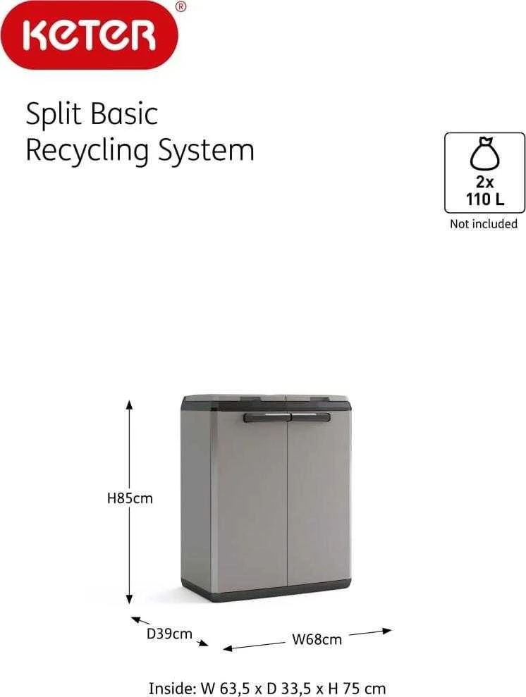 Keter Šiukšlių rūšiavimo spintelė Split Basic, pilka ir juoda, 85cm