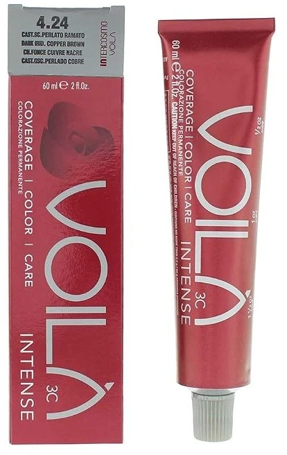 „Intercosmo Voila 3C Intense“ ilgalaikiai plaukų dažai, 4.24 tamsiai ruda irdi vario ruda spalva, 60 ml