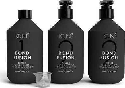 Rinkinys Keune: Bond Fusion Phase 1 plaukų priežiūros losjonas-kaukė Bond Repair, 500 ml + Bond Fusion Phase 2 plaukų priežiūros losjonas-kaukė Bond Enhancer, 500 ml + matavimo puodelis