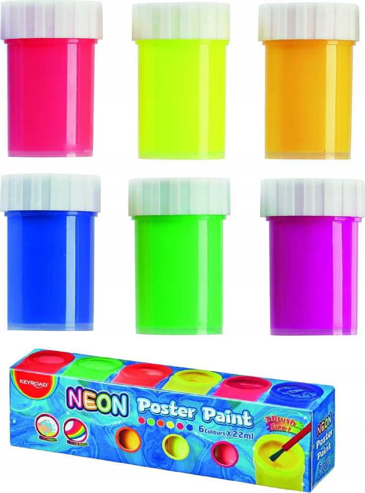 Keyroad plakatų dažai 6x22ml, neoniniai, su teptuku