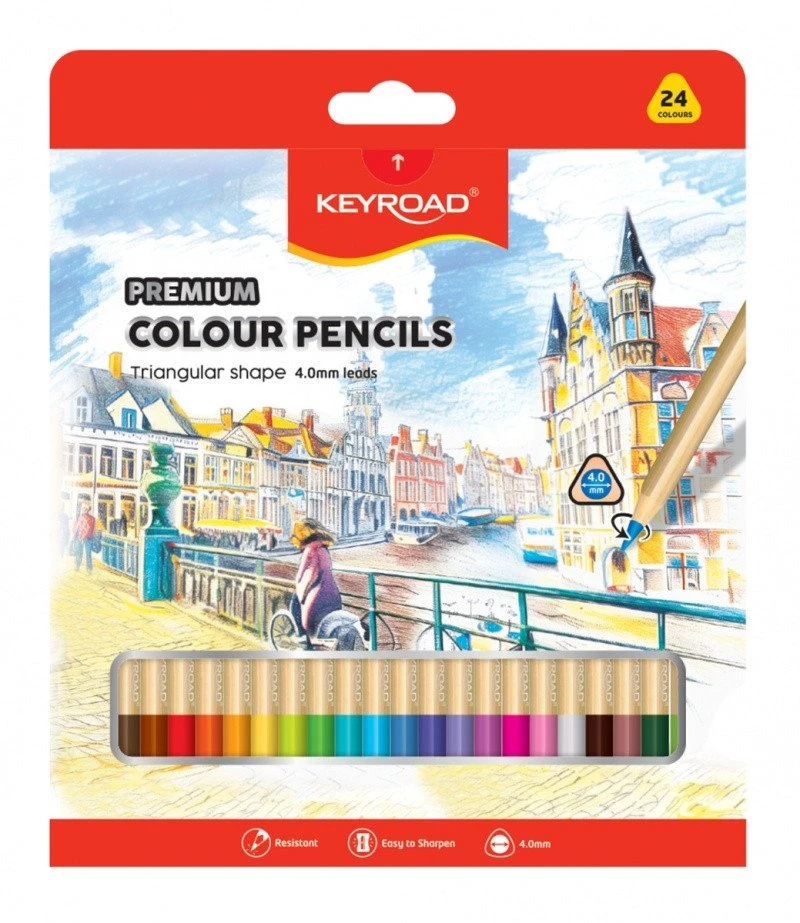 Spalvoti pieštukai Keyroad, 4,0 mm šerdis, tribriauniai, 24 spalvos