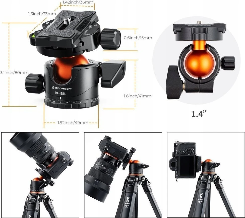 KF galvutė PANORAMIC 3D rutulinė galvutė 15kg K&F CONCEPT KF-35 Aliuminis Arca Swiss / BH-35L / KF31-035