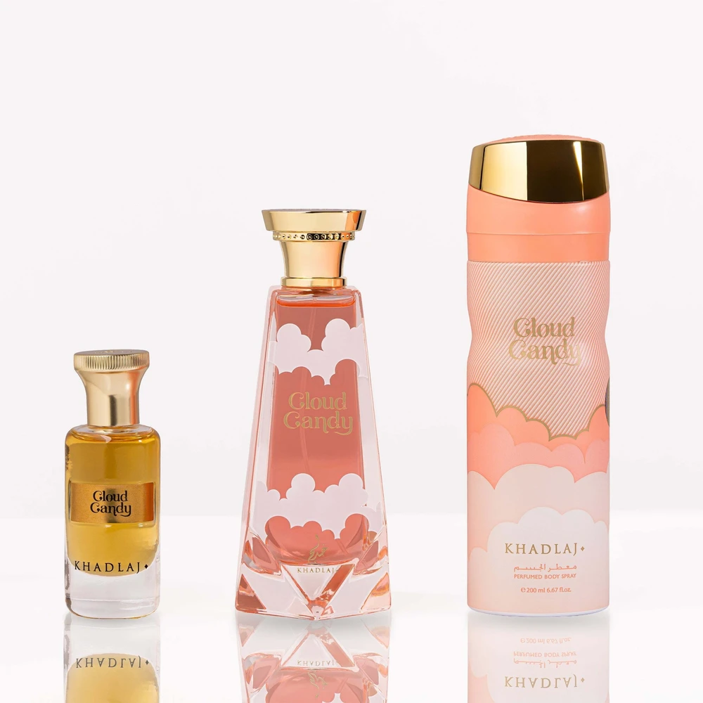 Set Khadlaj: Cloud Candy Extrait De Parfum Unisex, 100 ml + Cloud Candy dezodorantas purškiklis moterims, 200 ml + Cloud Candy kvepalų aliejus unisex, 25 ml