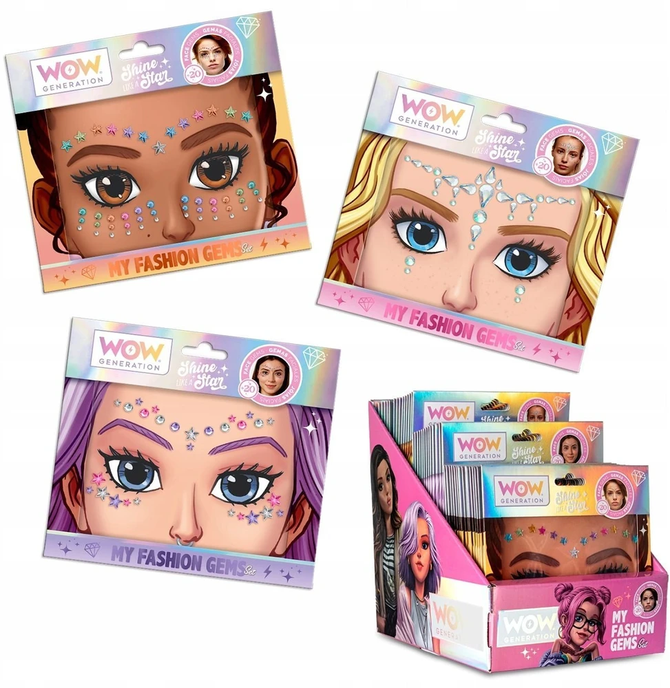 KIDS Dekoratyviniai papuošalai veidui 20+ rinkinys Mix Wow Generation / Wow00099 (žvaigždutės/blizgios detalės rožinė/violetinė/sidabrinė) (SB12182)