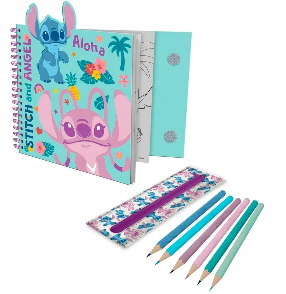 Kids Licensing Vaikams skirtas „Euroswan“ – licencijuoti „Rinkinys“ priedai. Kūrybingas pieštukų dėklas, pieštukai, lipdukai | Lilo ir Stitch